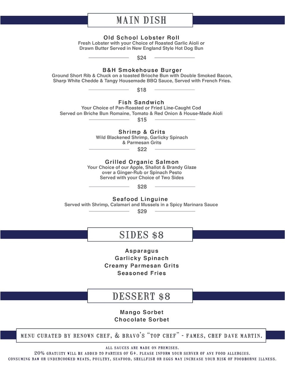 Printed seafood menu on a table.