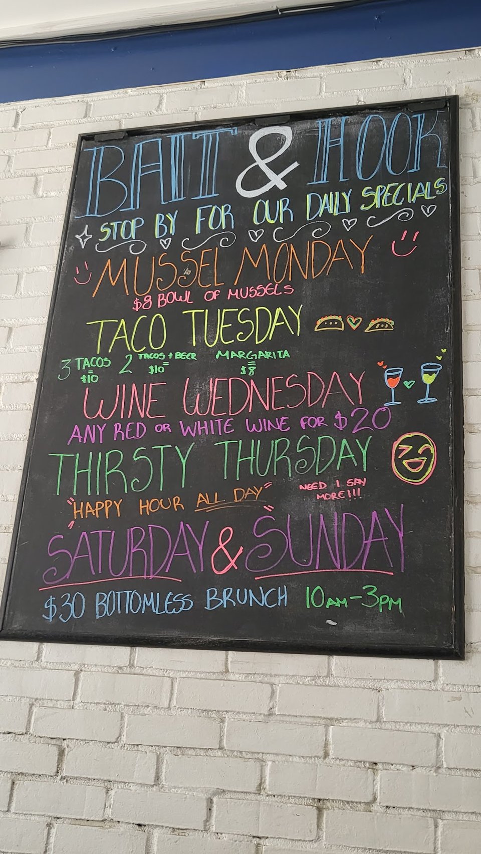 Menu page for seafood and bar fare.